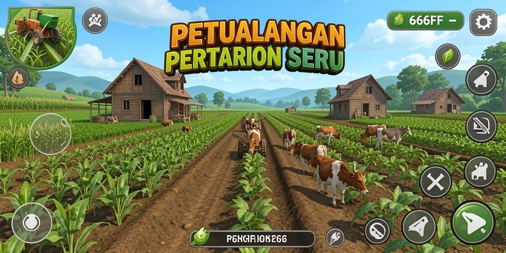 Tampilan gameplay seru dalam 666FF dengan aktivitas bertani yang menarik.