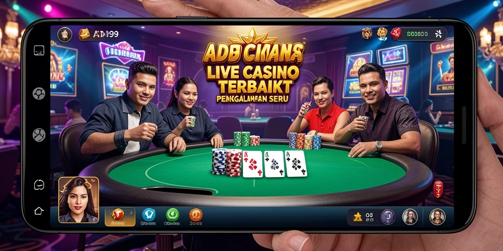 Screenshot permainan Live Casino ADI99 menunjukkan dealer dan pemain yang terlibat.
