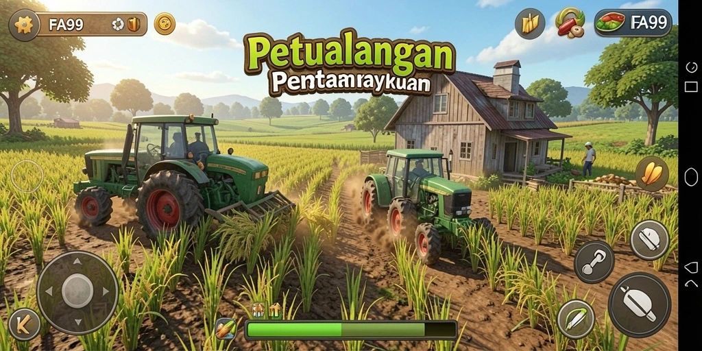Screenshot dari gameplay FA99 menunjukkan keindahan pertanian yang menawan.