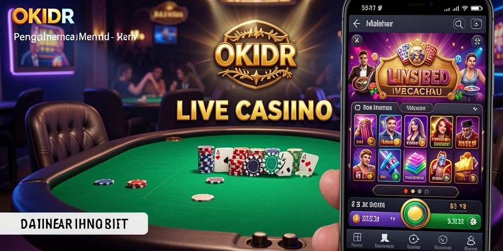Screenshot gameplay OKIDR memperlihatkan dealer langsung yang ramah dan suasana casino yang seru.
