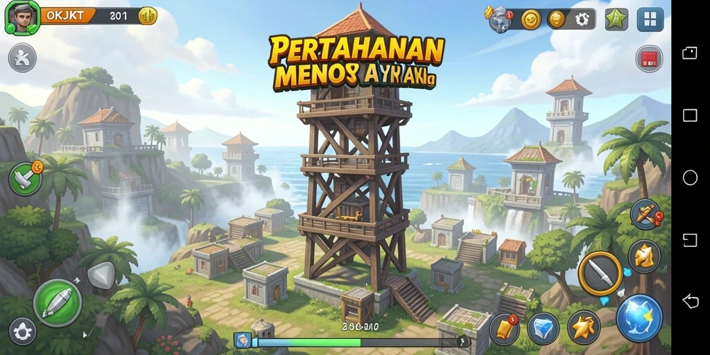 Screenshot utama OKJKT menunjukkan aksi menara yang mempertahankan basis dari serangan musuh.