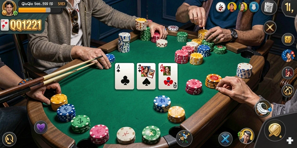 Screenshot gameplay QQ1221 menampilkan suasana permainan QiuQiu yang mendebarkan.