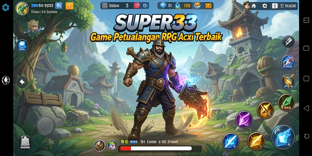 Screenshot gameplay SUPER33 menampilkan pertarungan epik melawan monster besar.